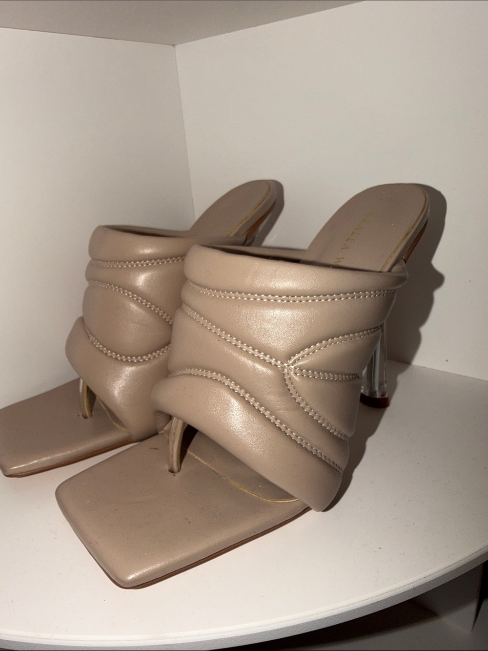 Padded Square-Toe High Heel Mules in Beige